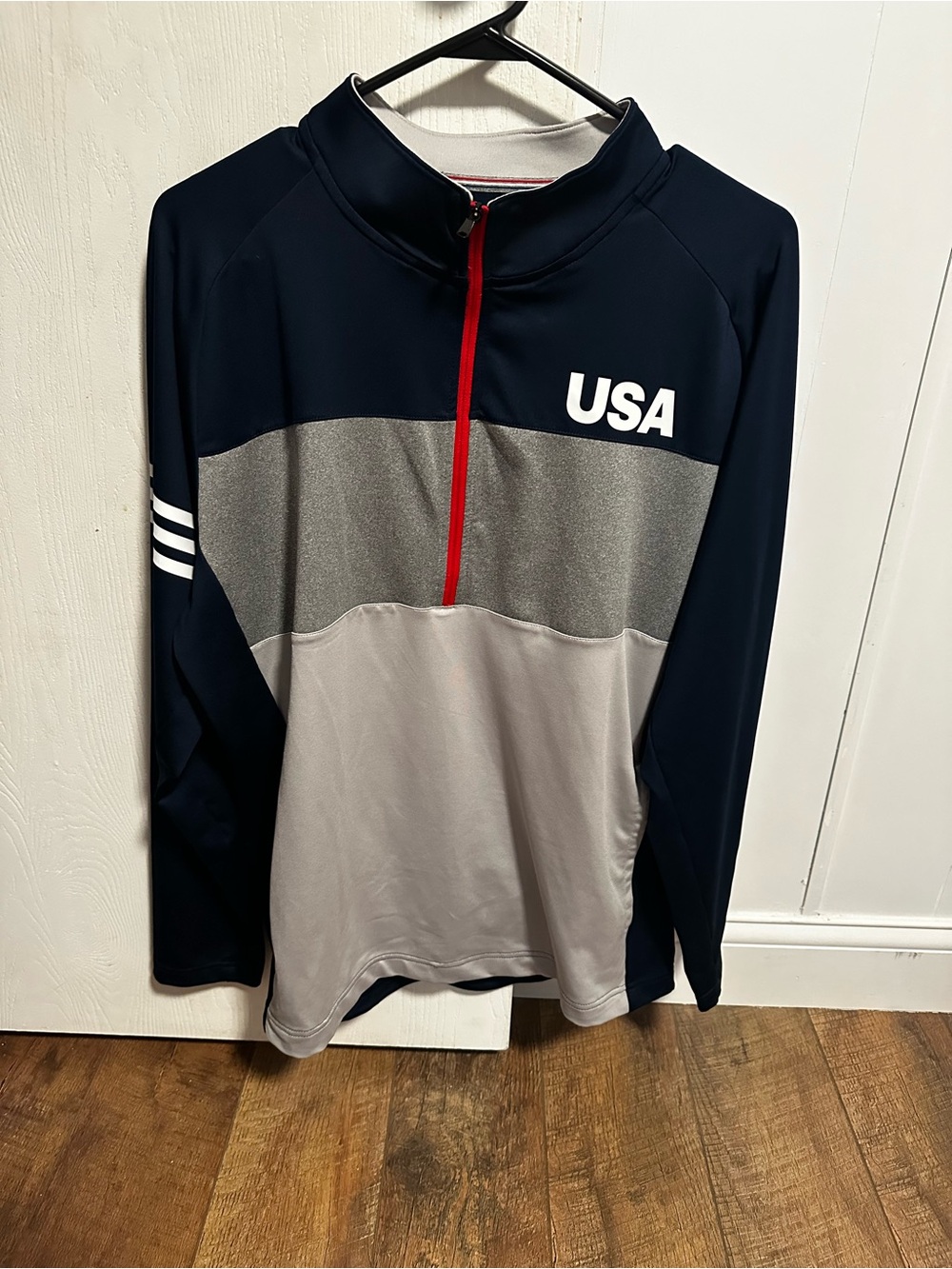 Adidas Men’s USA Colorblock Quarter-Zip Pullover - Navy, Gray, Red Accent